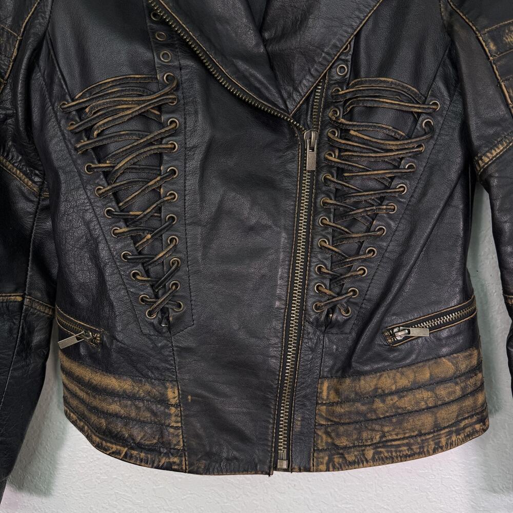 Wilsons Vintage USA Leather Jacket Women Small Lace Up Distressed Biker Moto - Picture 6 of 12